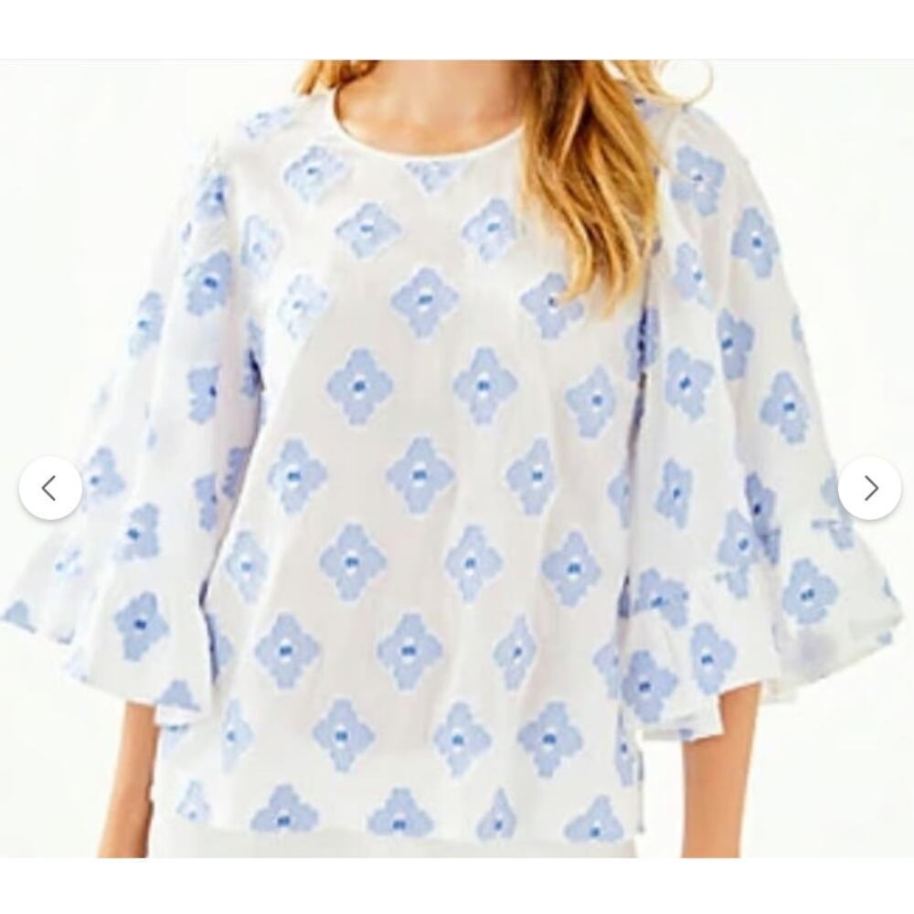 Lilly Pulitzer Womens Top XS Blue White Embroidered Jacquard Preppy Beach Resort